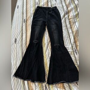 Anna-Kaci Elastic Waist Distressed Flare Long Bell Bottom Denim Jeans Western